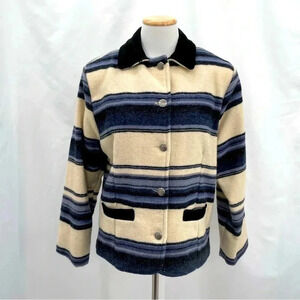 Woolrich Women's Wool Jacket Small Cream Blue Button Closure Lined Pockets Coat